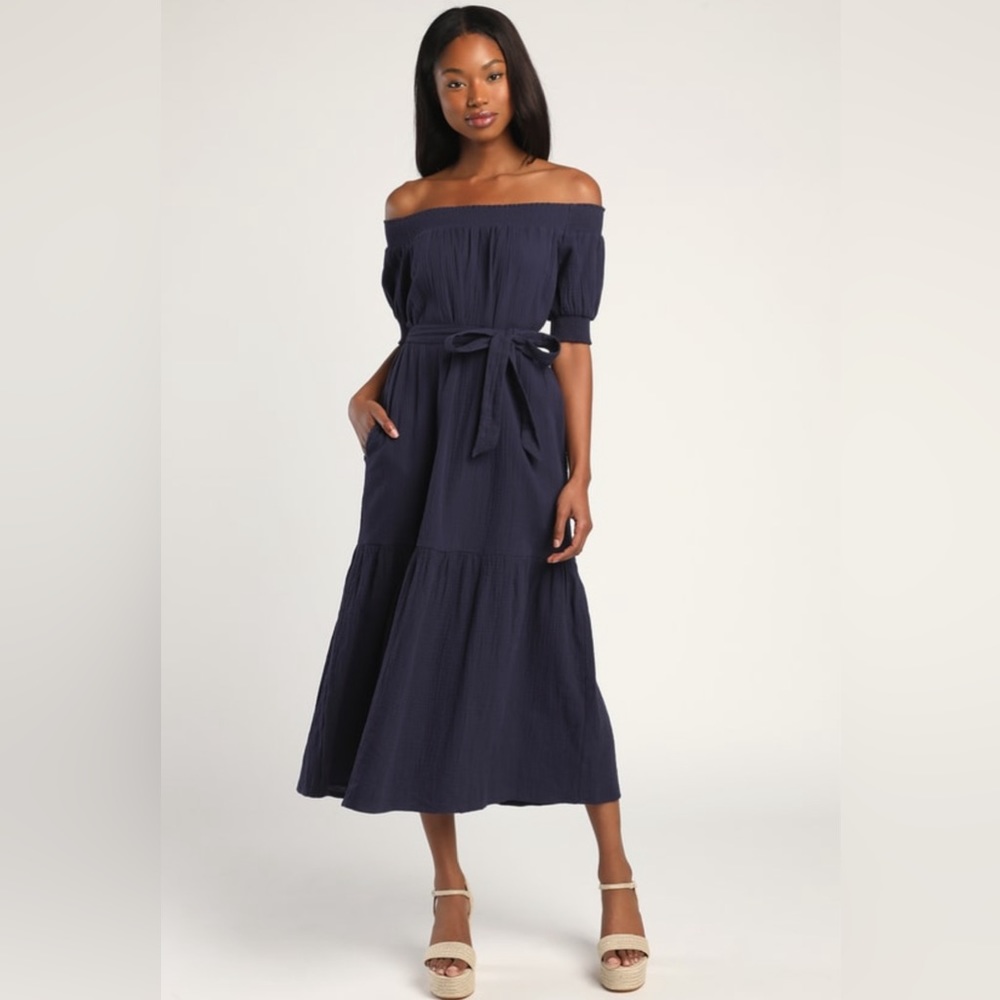 Off the shoulder navy blue maxi dress from Lulu’s